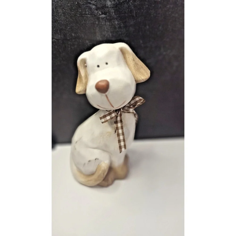 Wood Decorative Dog Figurine with Checkered Ribbon Bow